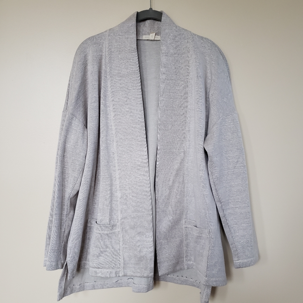 Eileen Fisher Gray Open Front Linen Blend Knit Sweater Jacket